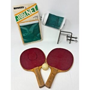 Vintage Regent Table Tennis Set w/ 2 Wooden Paddles, Ball, Net & Clamp Post